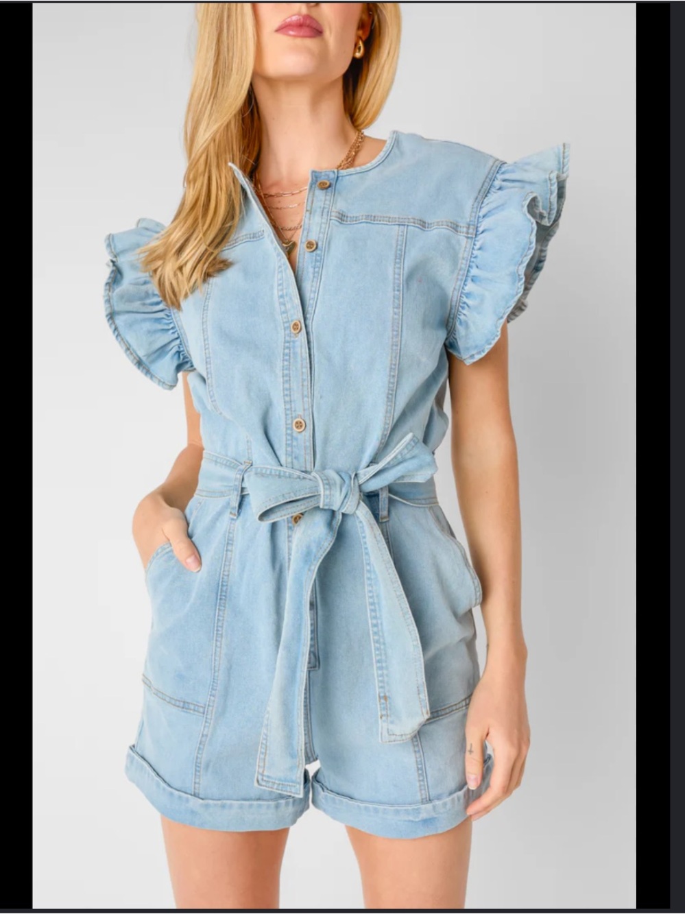 Light Wash Denim Romper with Ruffle Sleeves